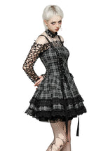Grey Plaid Lace Up Mini Dress