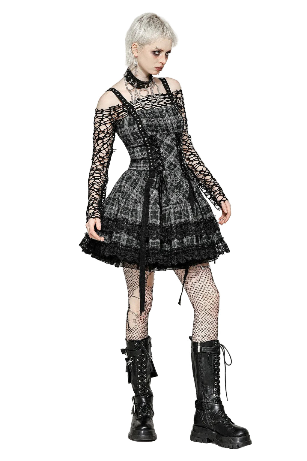 Grey Plaid Lace Up Mini Dress