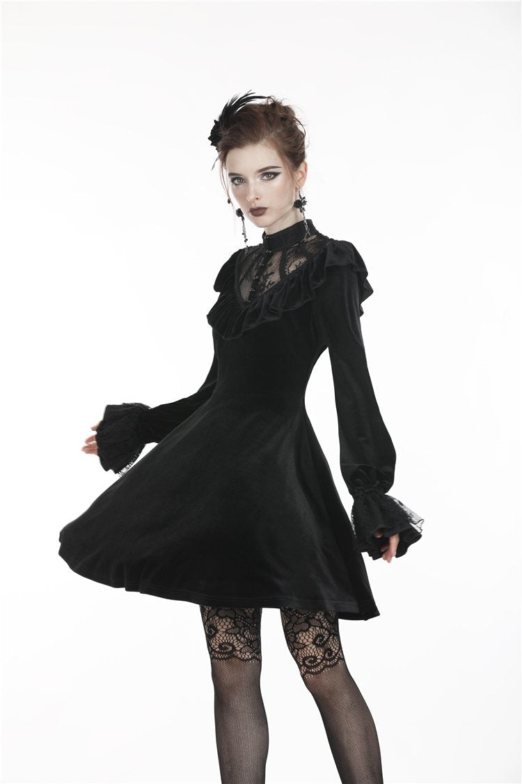 Sheer Lace V Neck Velvet Dress