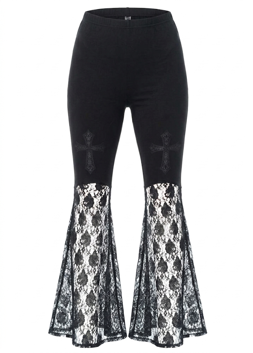 Crucifix Lace Mesh Flared Pants