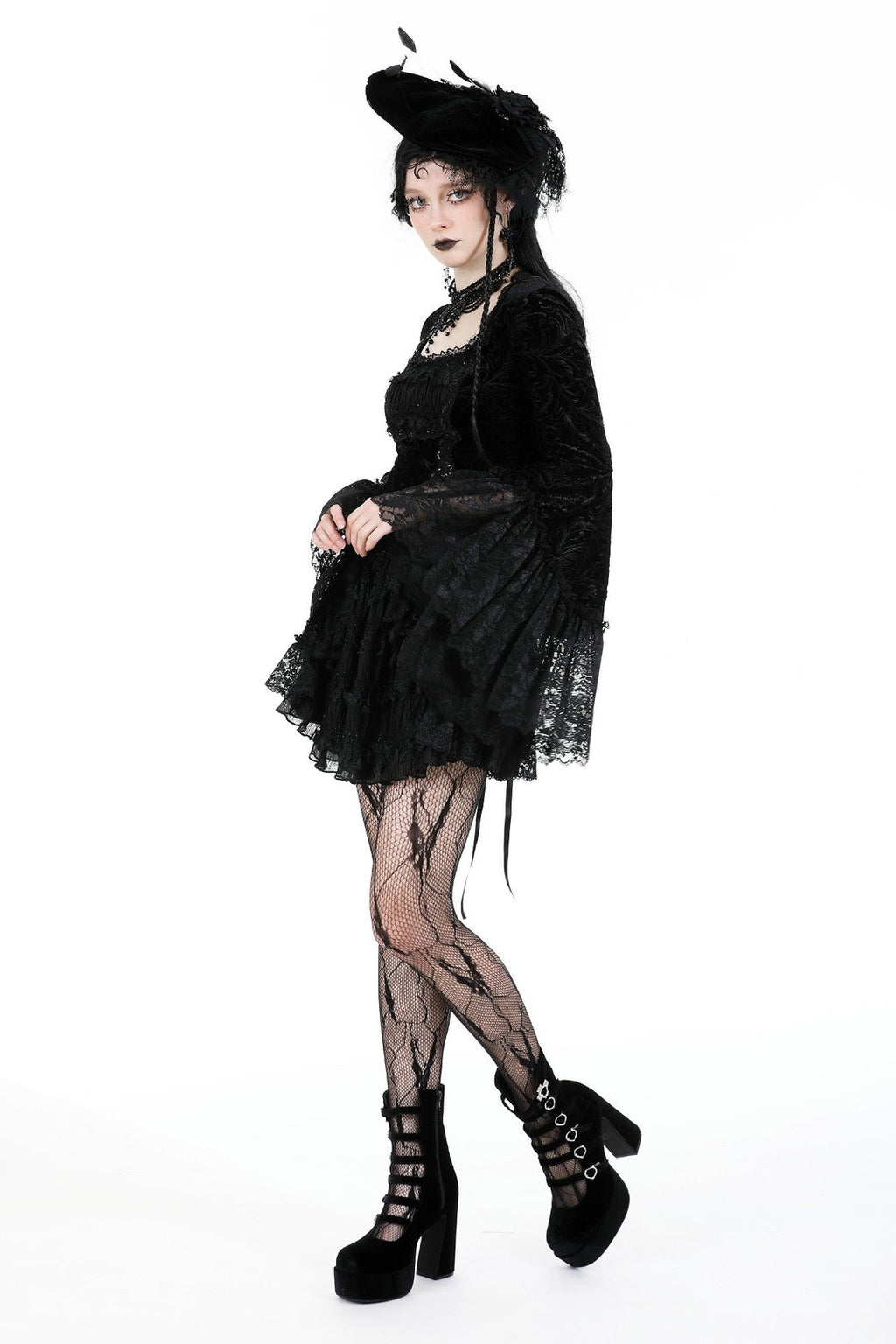 Velvet Lace Bell Sleeve Mini Dress