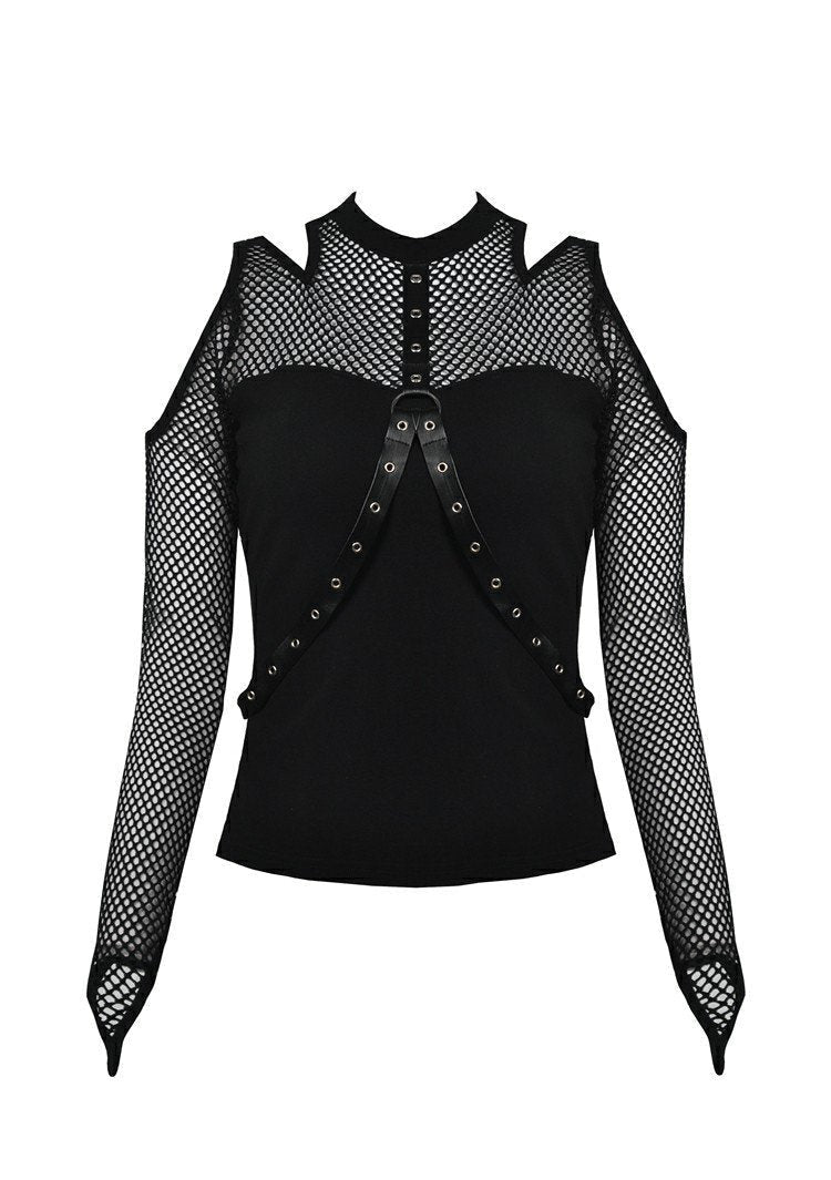 Punk Shoulder Cut Out Net Sleeve Top