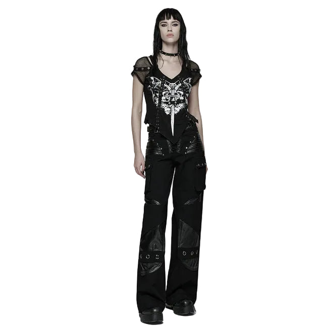 Punk Printed Mesh Strap Sleeve Top