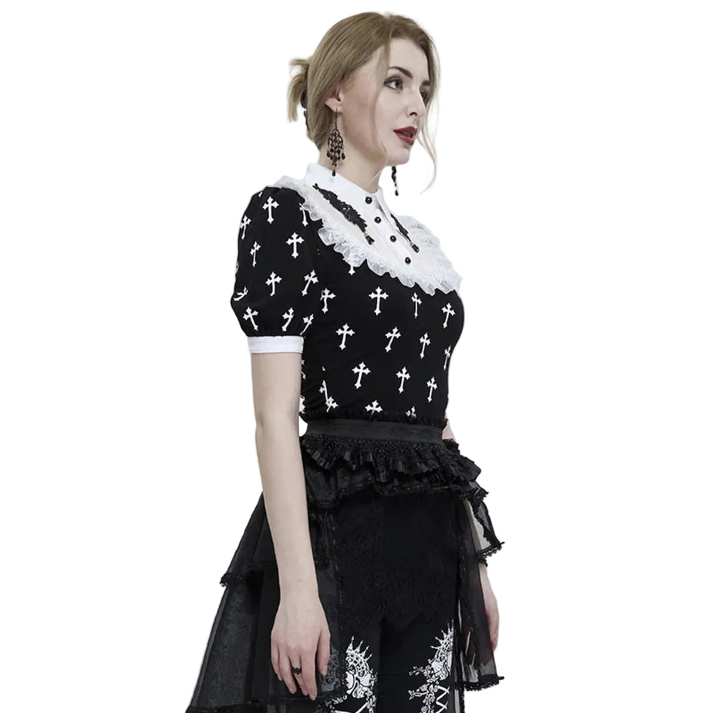White Frill Crucifix Print Blouse