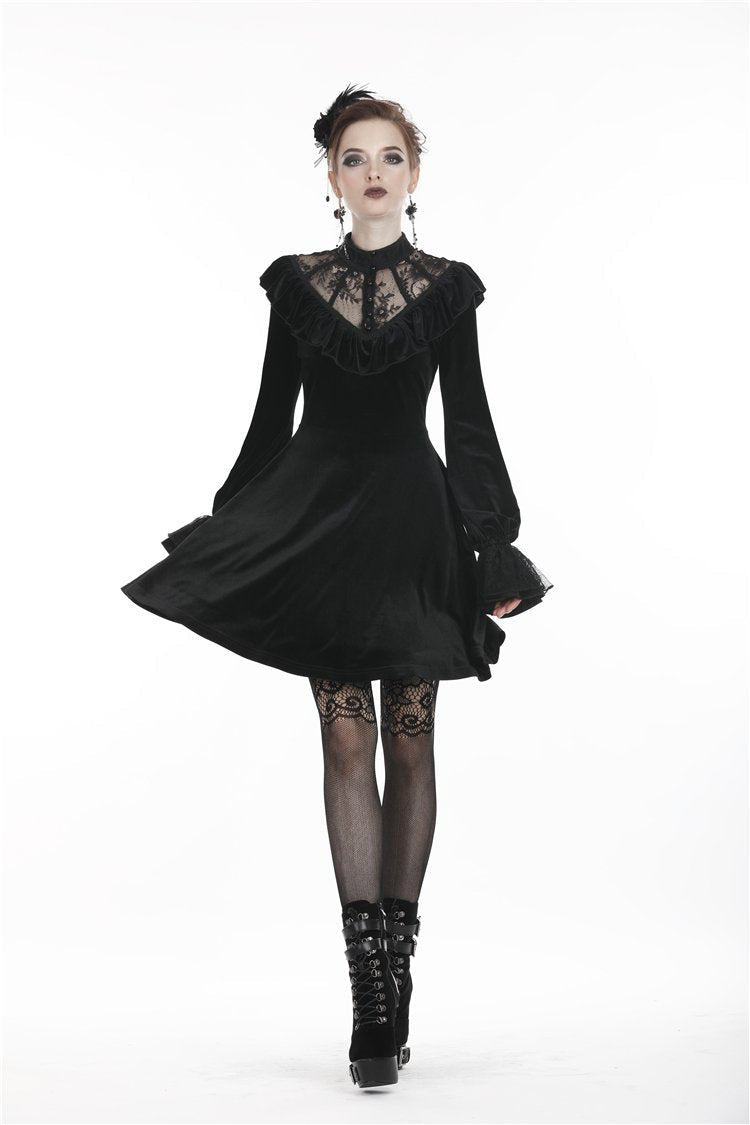 Sheer Lace V Neck Velvet Dress