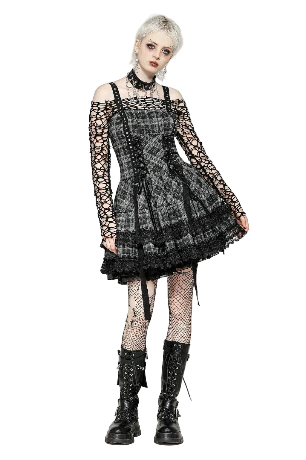 Grey Plaid Lace Up Mini Dress