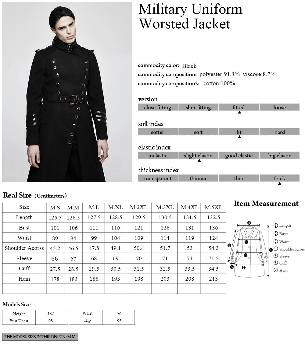 Men’s Military Uniform Belt Long Coat