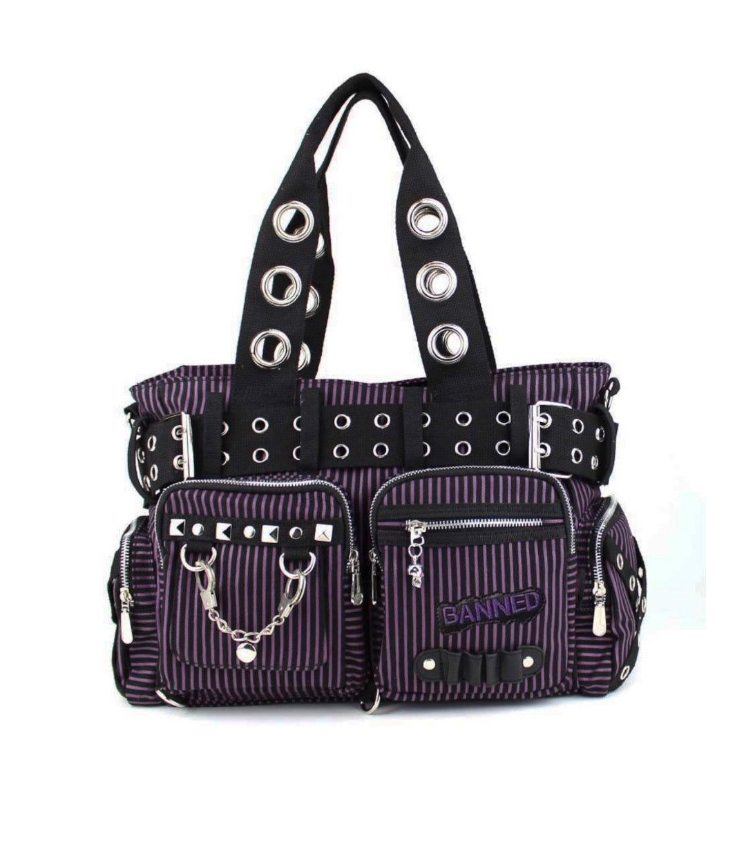 Black & Purple Stripe Handcuff Eyelet Handbag