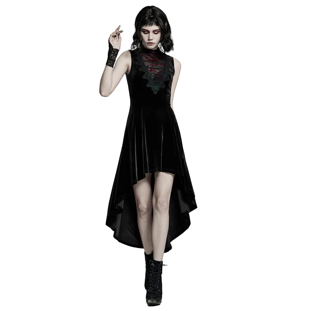 Black Gothic Hi-Lo Waterfall Velvet Sleeveless Dress