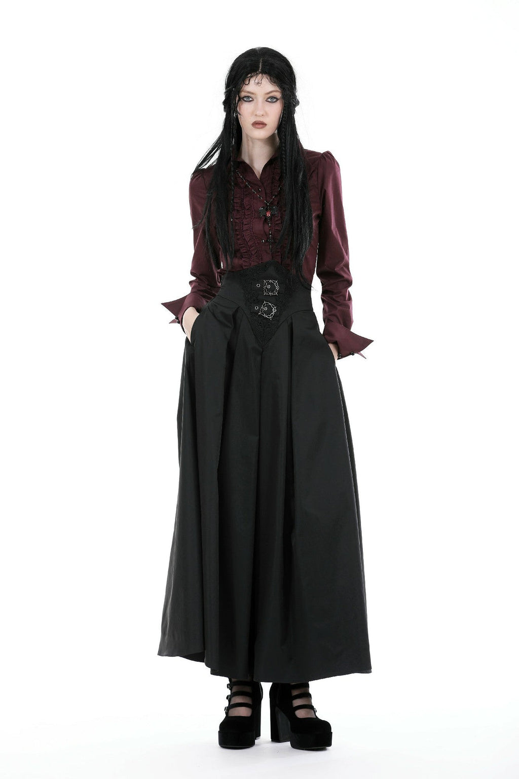 Wine Ruffle Long Sleeve Shirt