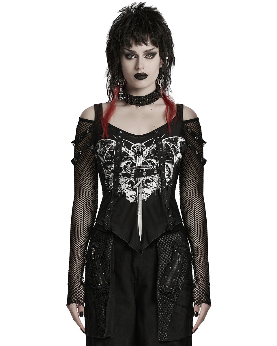Punk Printed Mesh Strap Full Sleeve Top