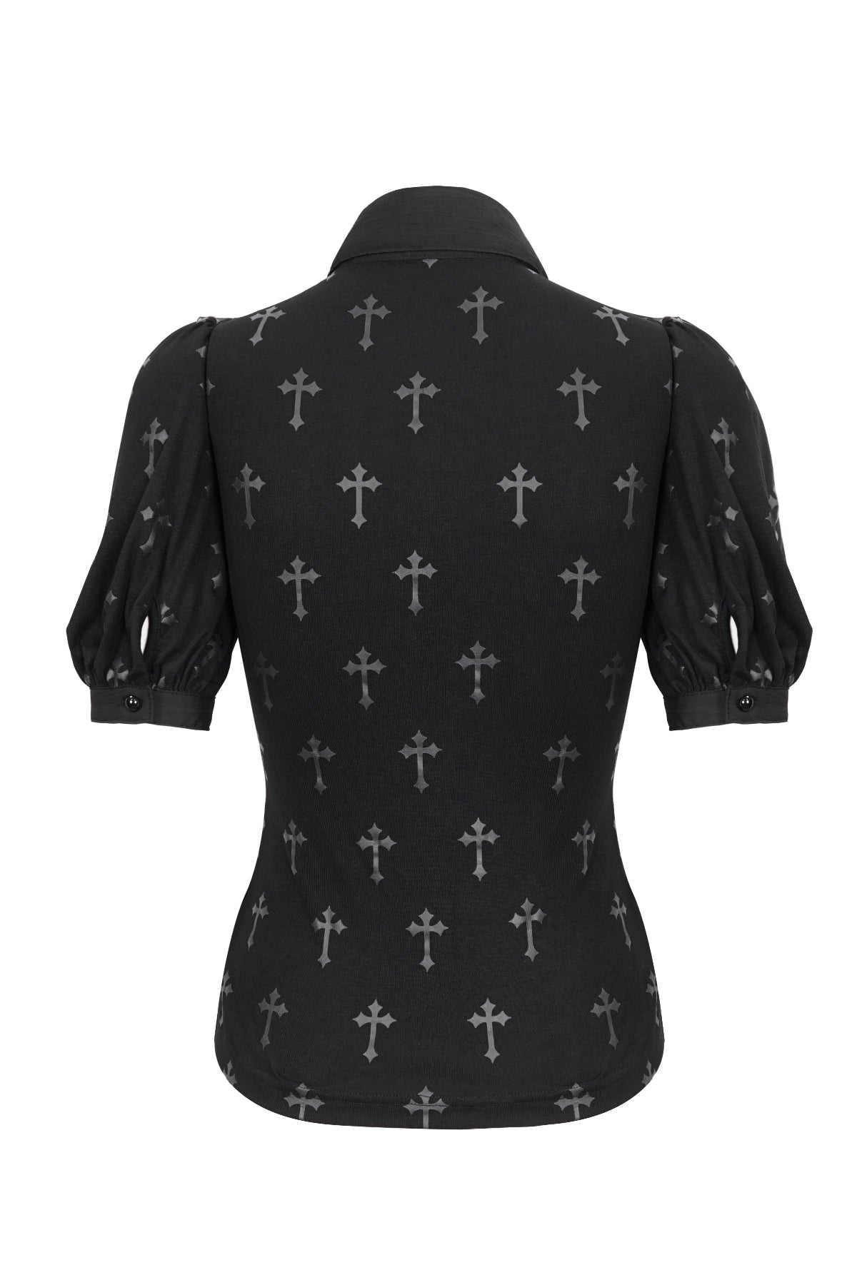 Gothic Crucifix Print Ruffle Blouse