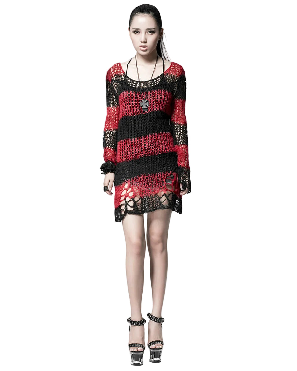 Red Baggy Cutout Knit Sweater