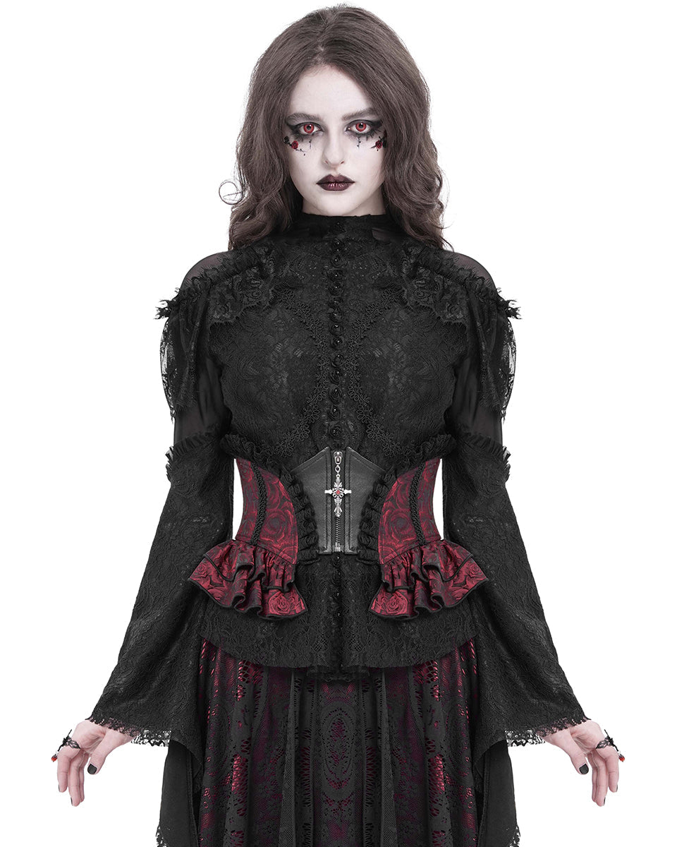 Red Crucifix Rose Frill Corset Belt