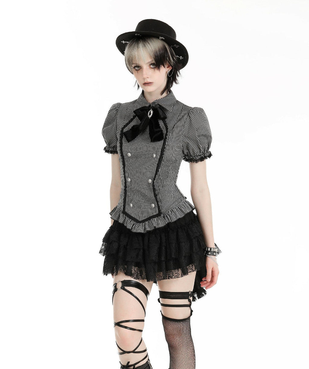 Pinstripe Ribbon Cat Broach Collar Blouse