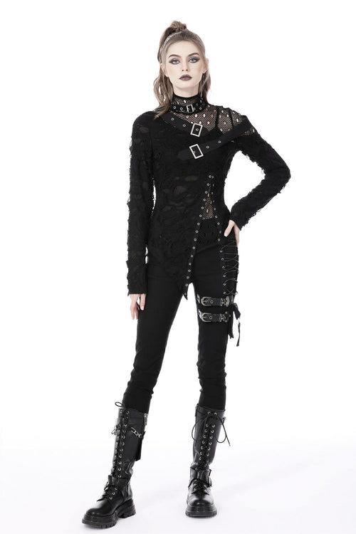Asymmetric Punk Shredded Buckle Top