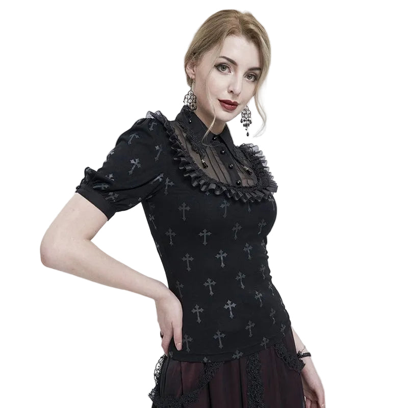 Gothic Crucifix Print Ruffle Blouse
