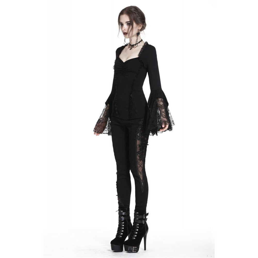 Diamond Neck Cut Lace Bell Sleeve Blouse