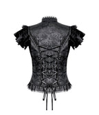 Cutout Crucifix Frill Hem Jacquard Blouse