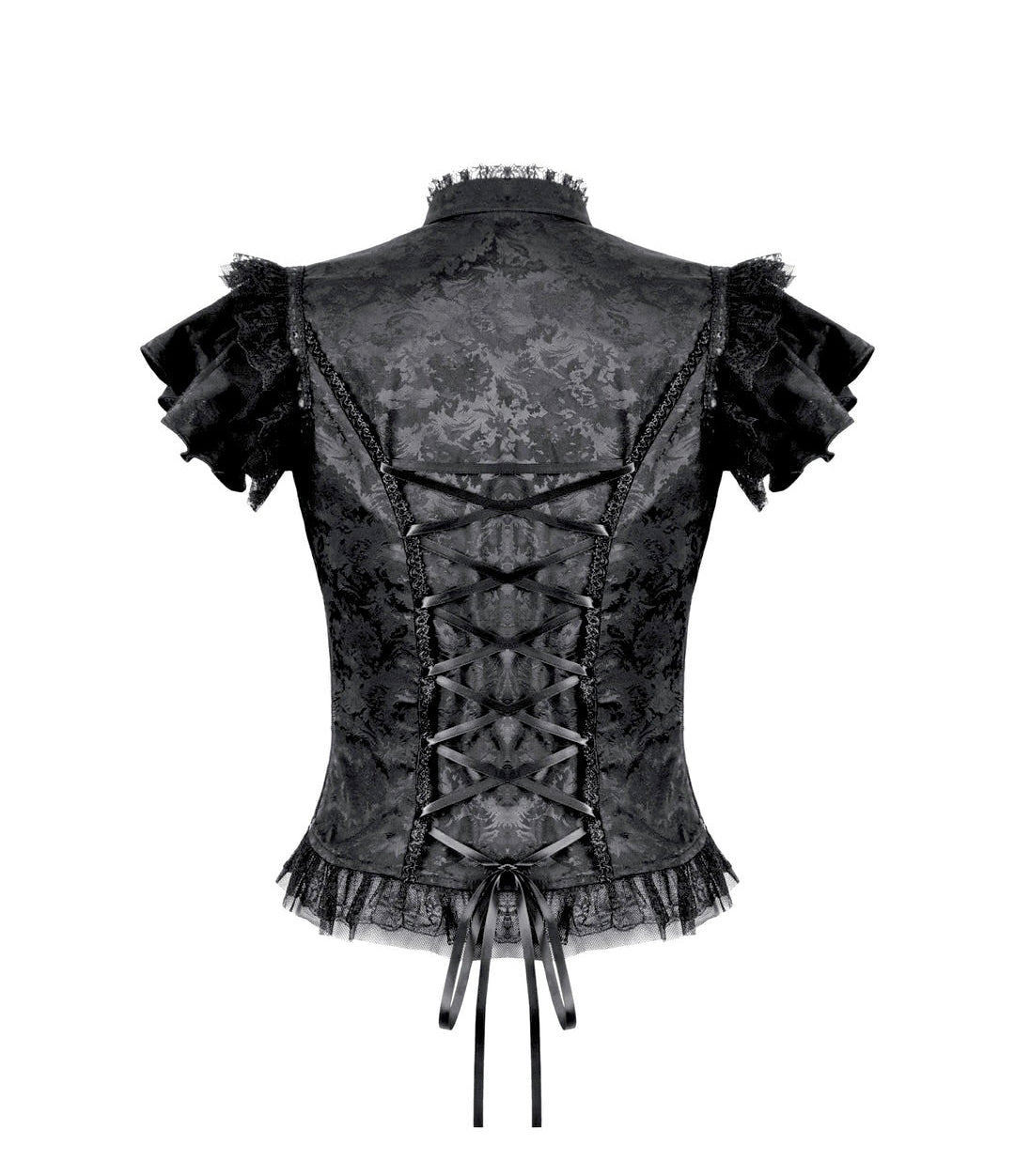 Cutout Crucifix Frill Hem Jacquard Blouse