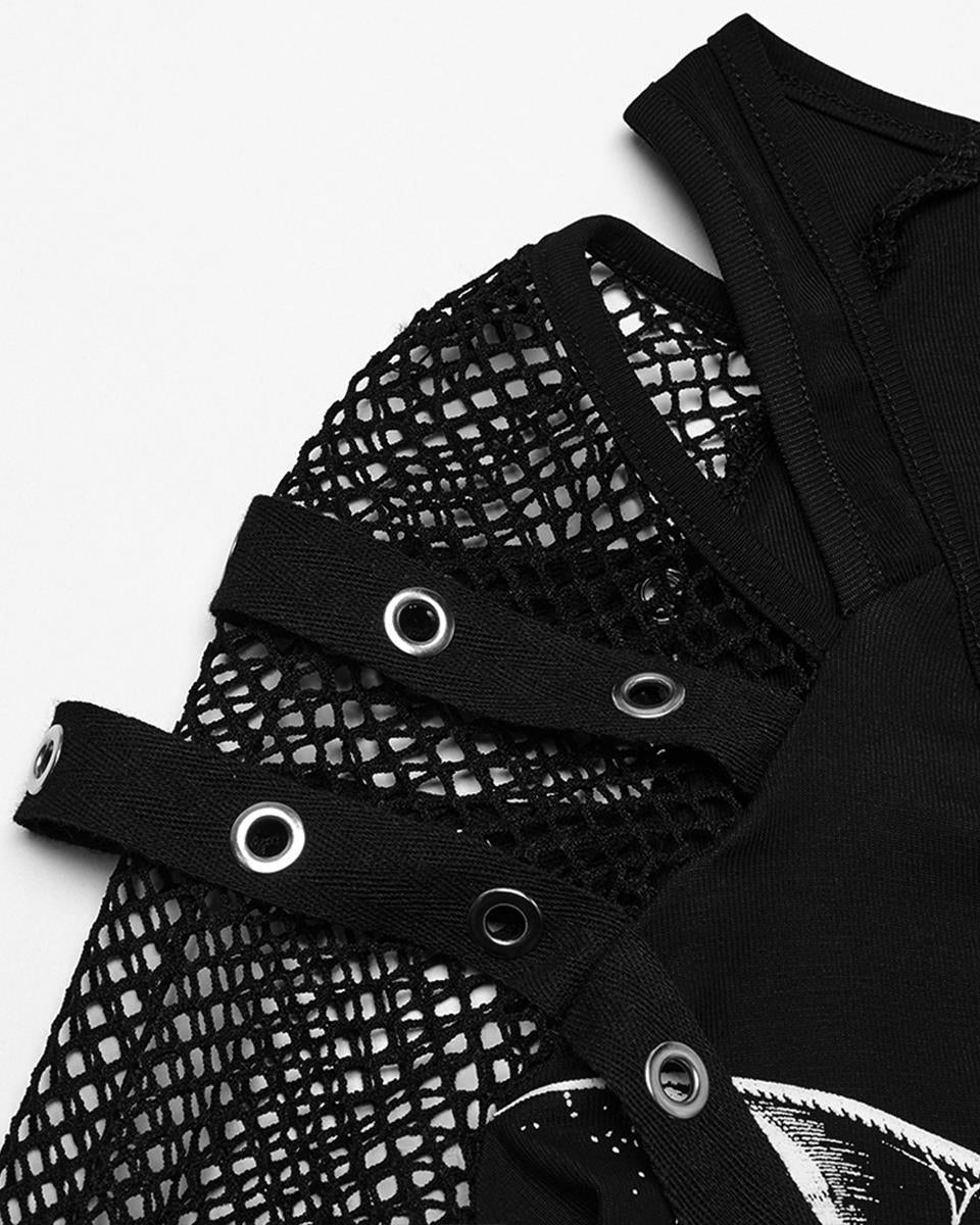 Punk Printed Mesh Strap Full Sleeve Top