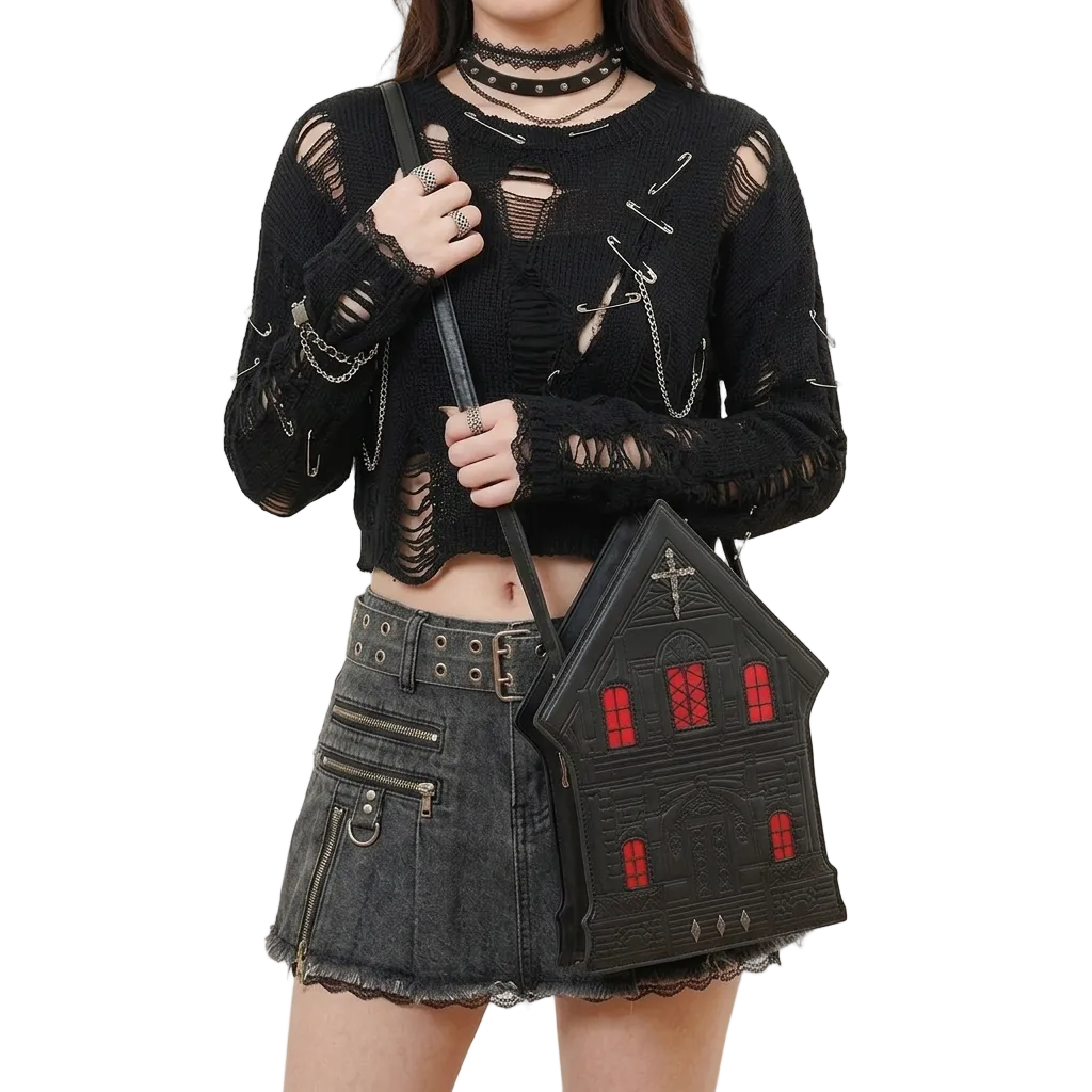 Red Haunted House Crucifix Bag