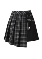Grid Pleated Big Safety Pin Mini Skirt