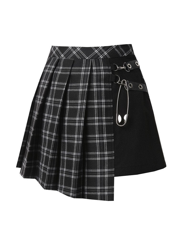 Grid Pleated Big Safety Pin Mini Skirt