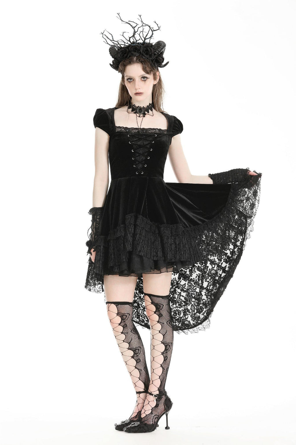 Velvet Lace Train Party Dress
