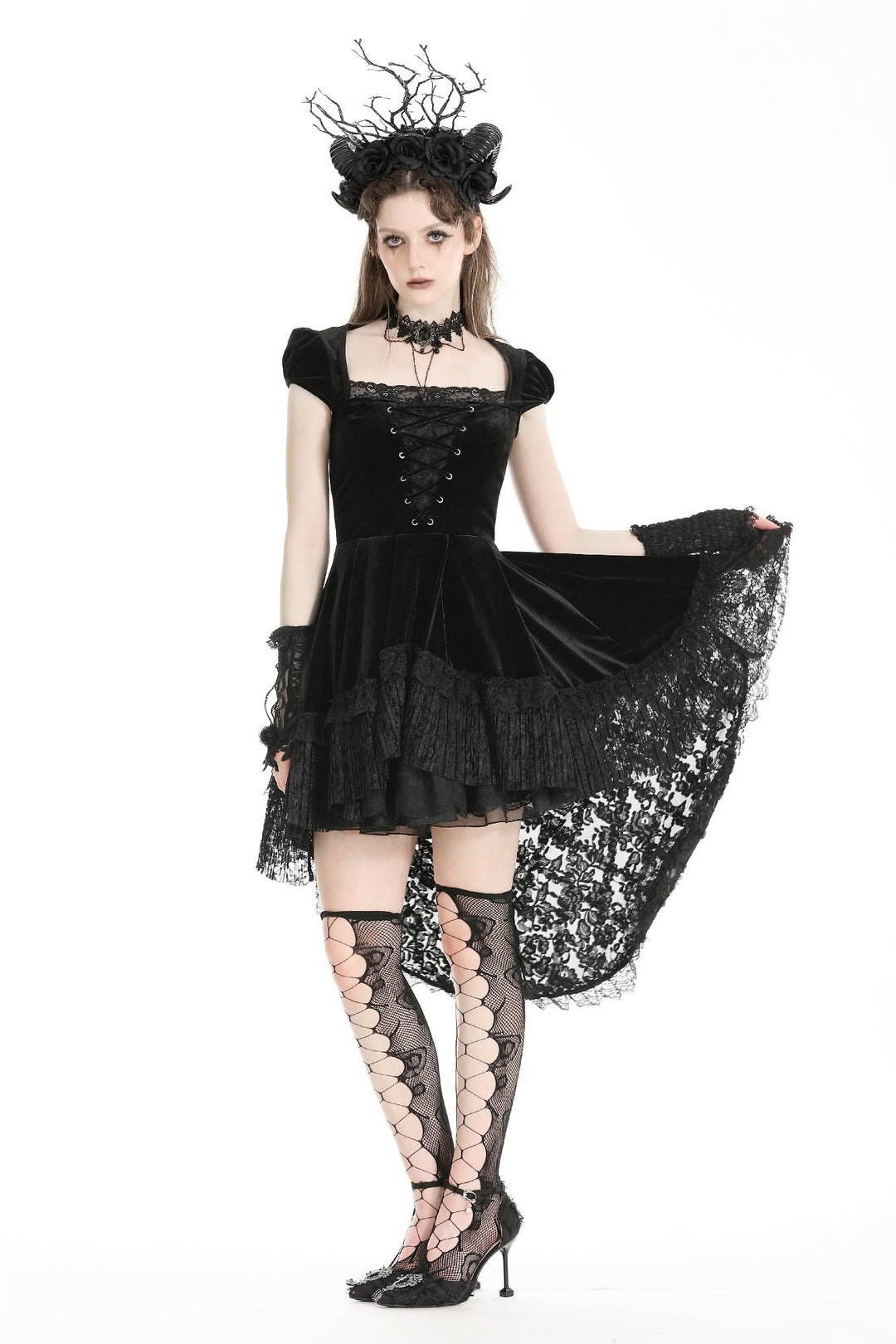 Velvet Lace Train Party Dress