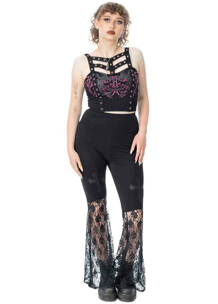 Crucifix Lace Mesh Flared Pants