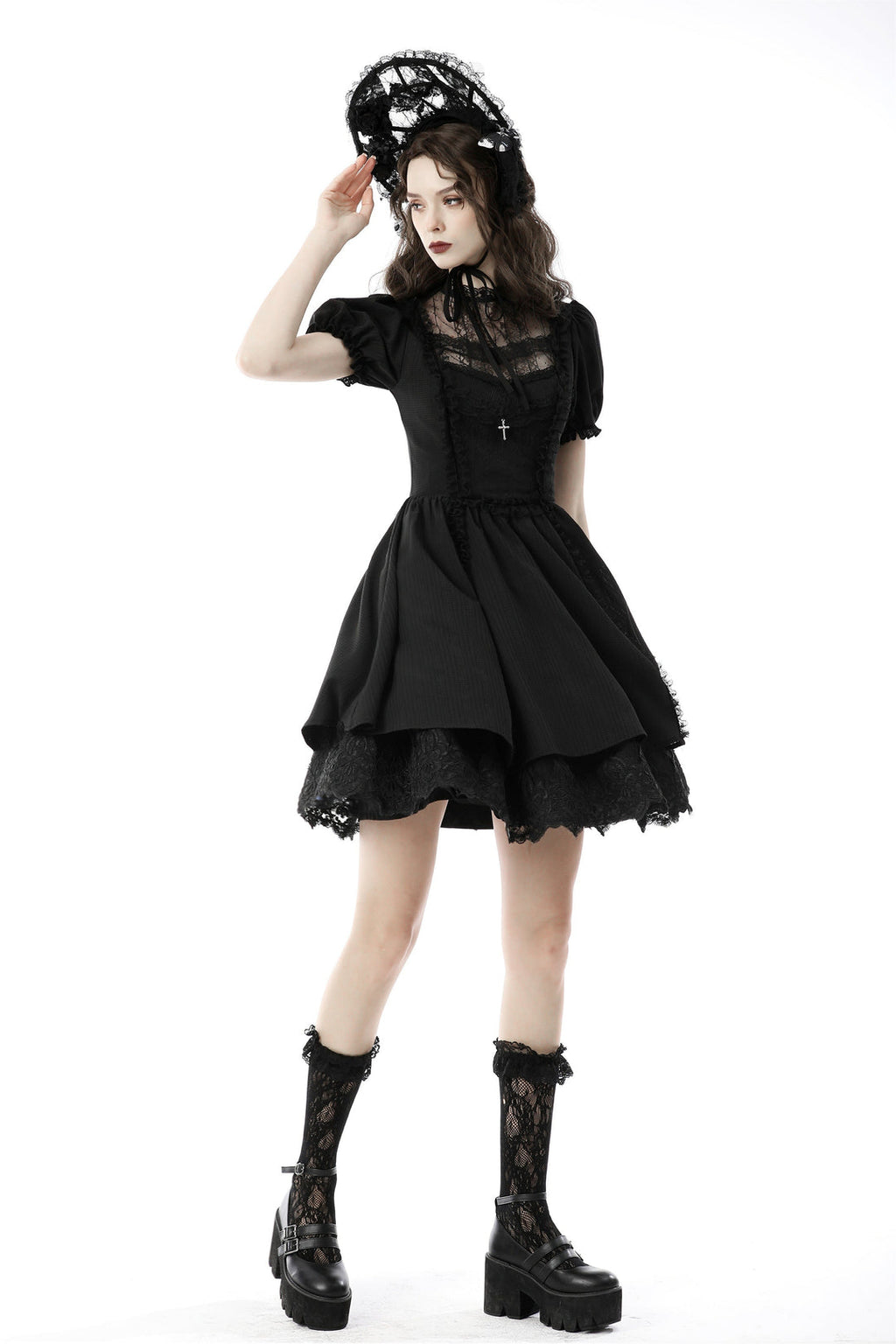 Vintage Netted Neck Puff Sleeve Dress