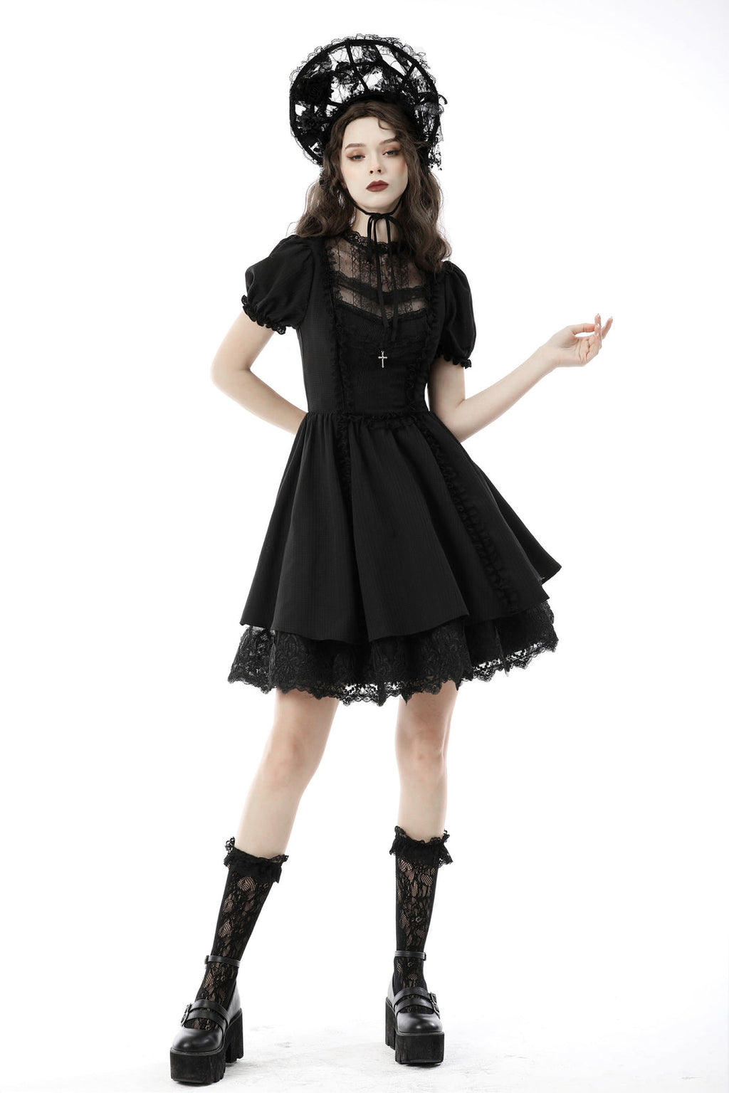 Vintage Netted Neck Puff Sleeve Dress