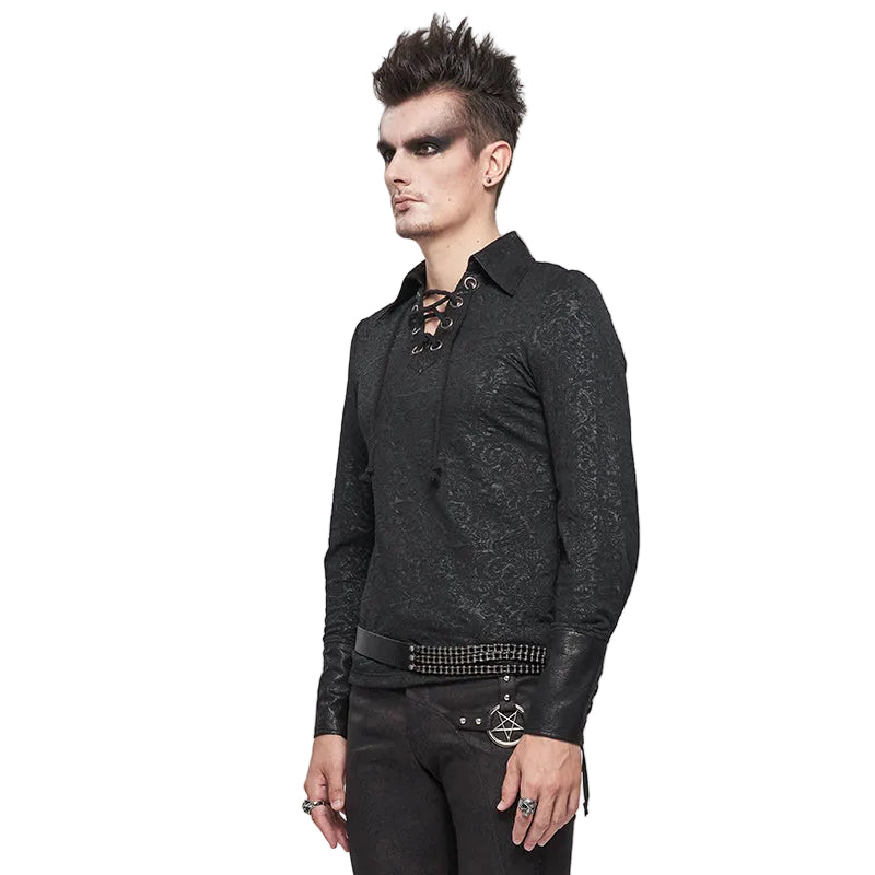 Lace Up Collar Patterned Shirt
