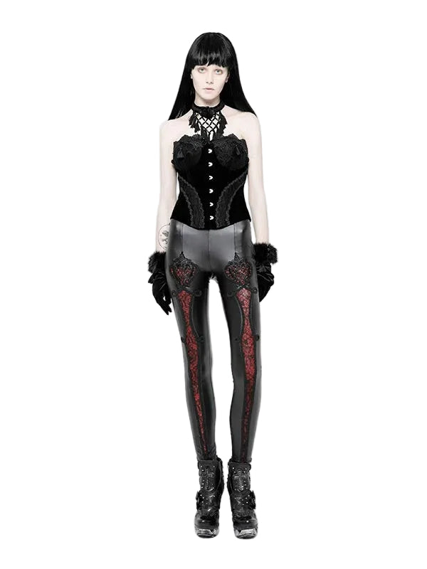 Black & Red Gothic Lace PU Leather Leggings