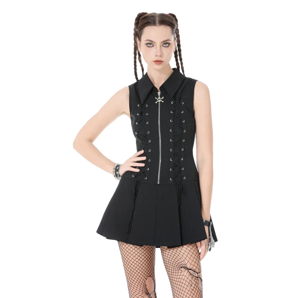 Skull Zip Lace Up Skater Dress