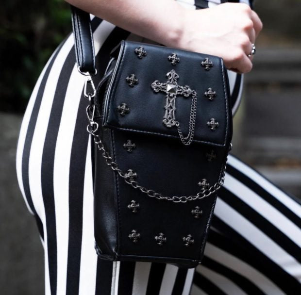 Mini Black Coffin Chain Bag With Metal Crucifix