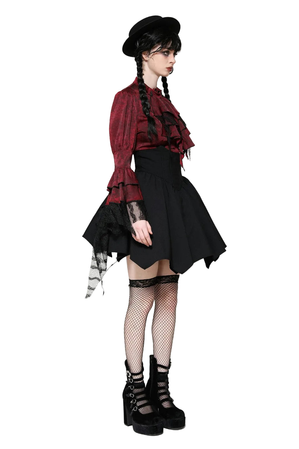Red Ruffle Neck Trail Sleeve Blouse
