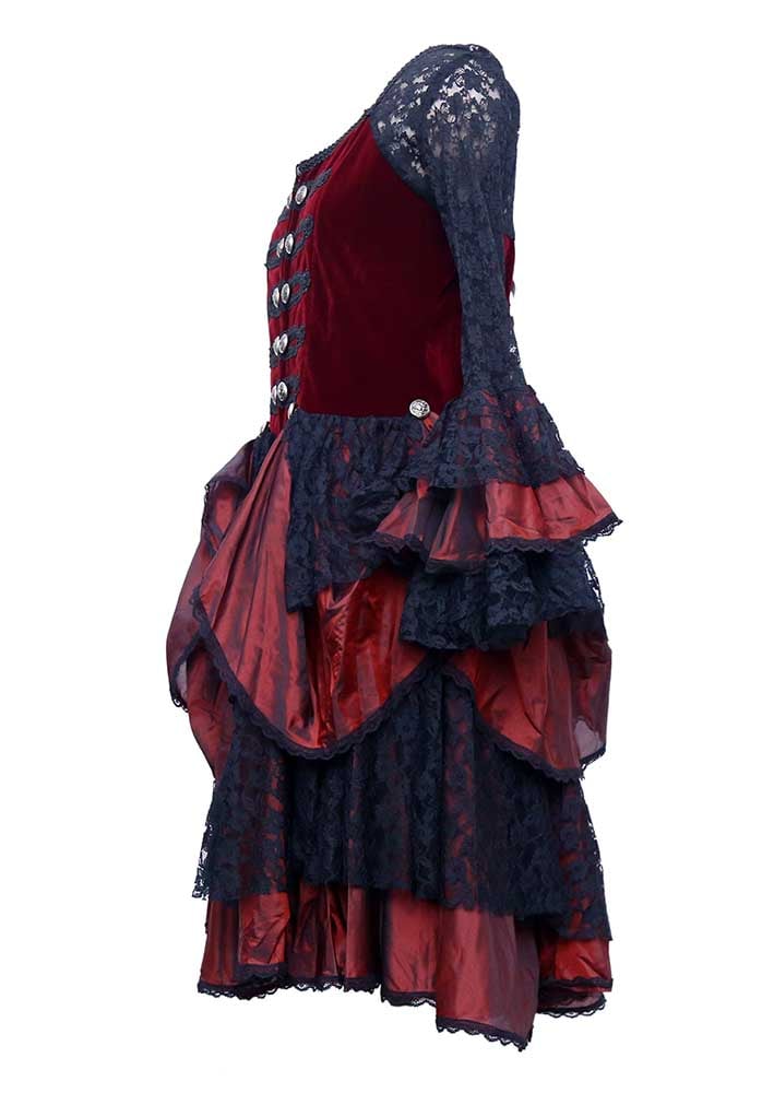 Red Lace Sleeve Ruffle Layered Dress