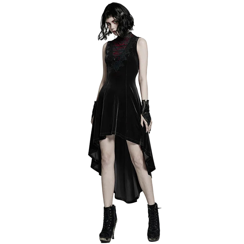 Black Gothic Hi-Lo Waterfall Velvet Sleeveless Dress