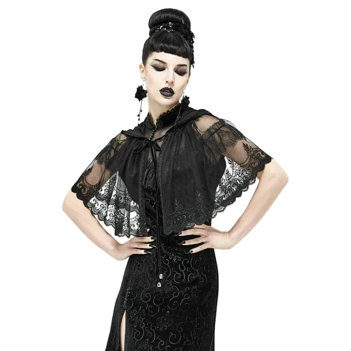 Sheer Patterned Hem Hooded Shrug Cape