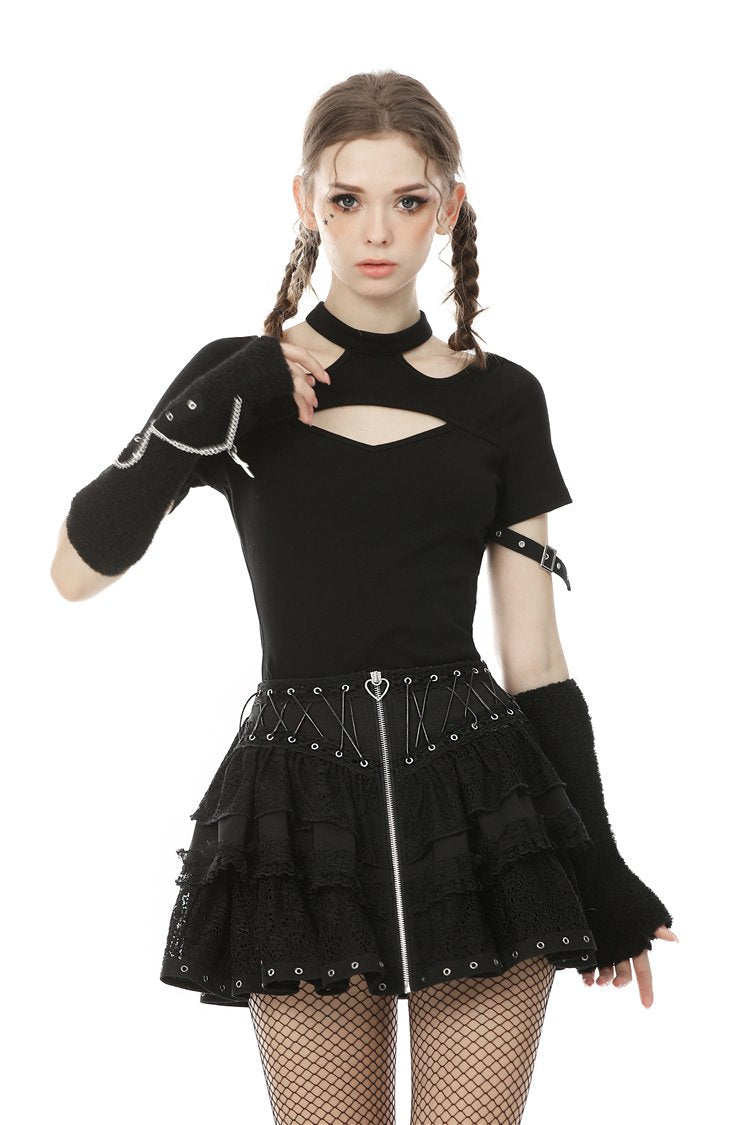 Criss Cross Heart Zip Ruffle Mini Skirt