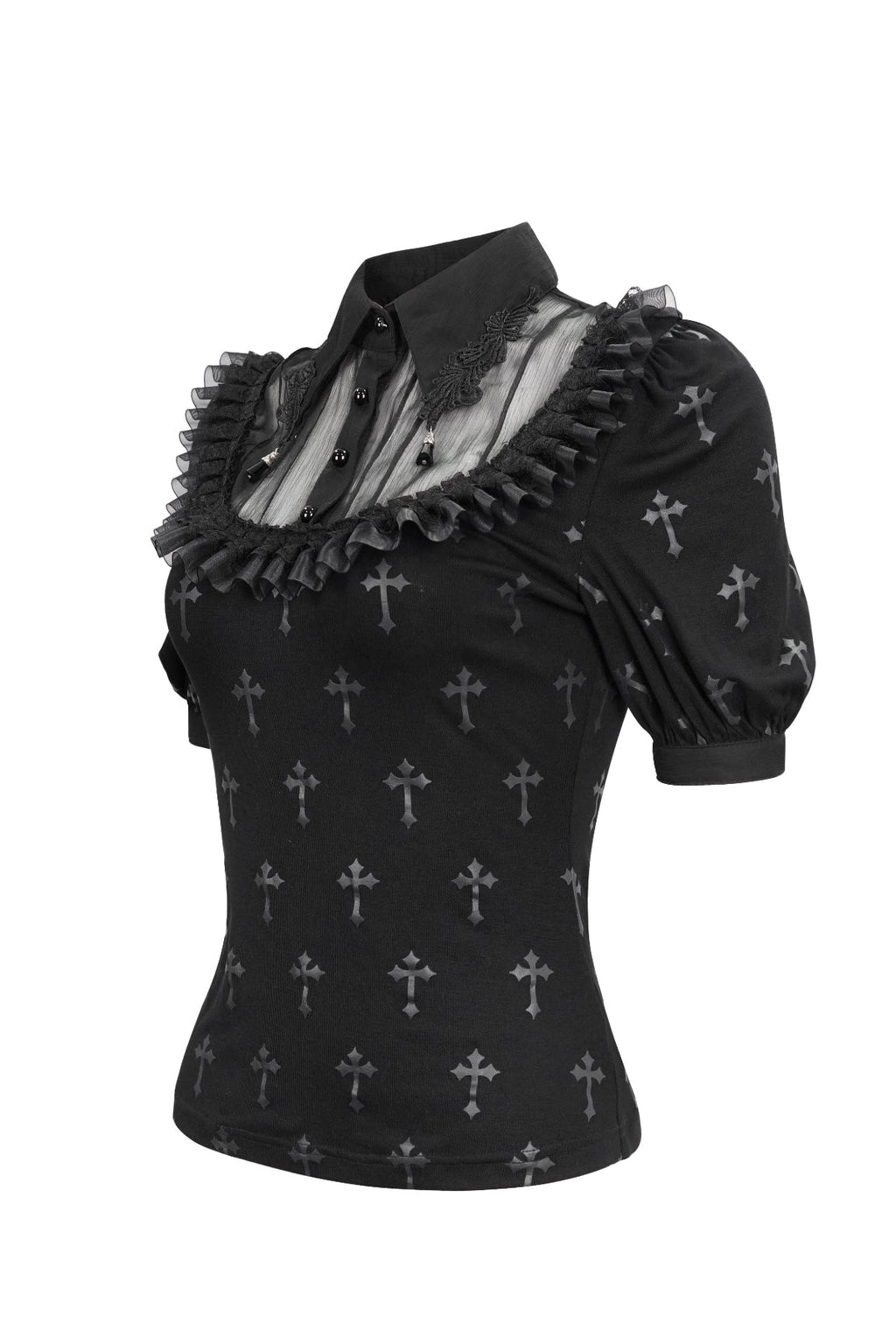 Gothic Crucifix Print Ruffle Blouse
