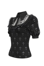 Gothic Crucifix Print Ruffle Blouse