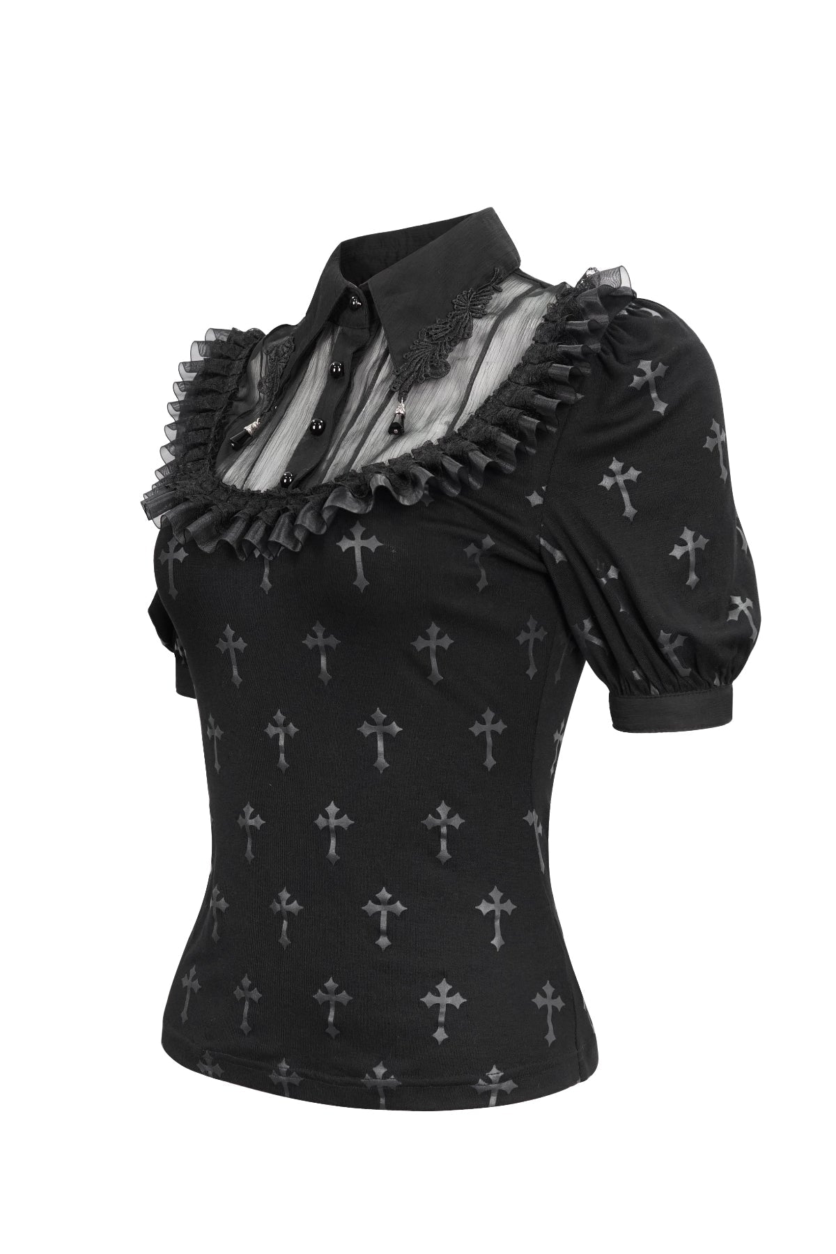 Gothic Crucifix Print Ruffle Blouse