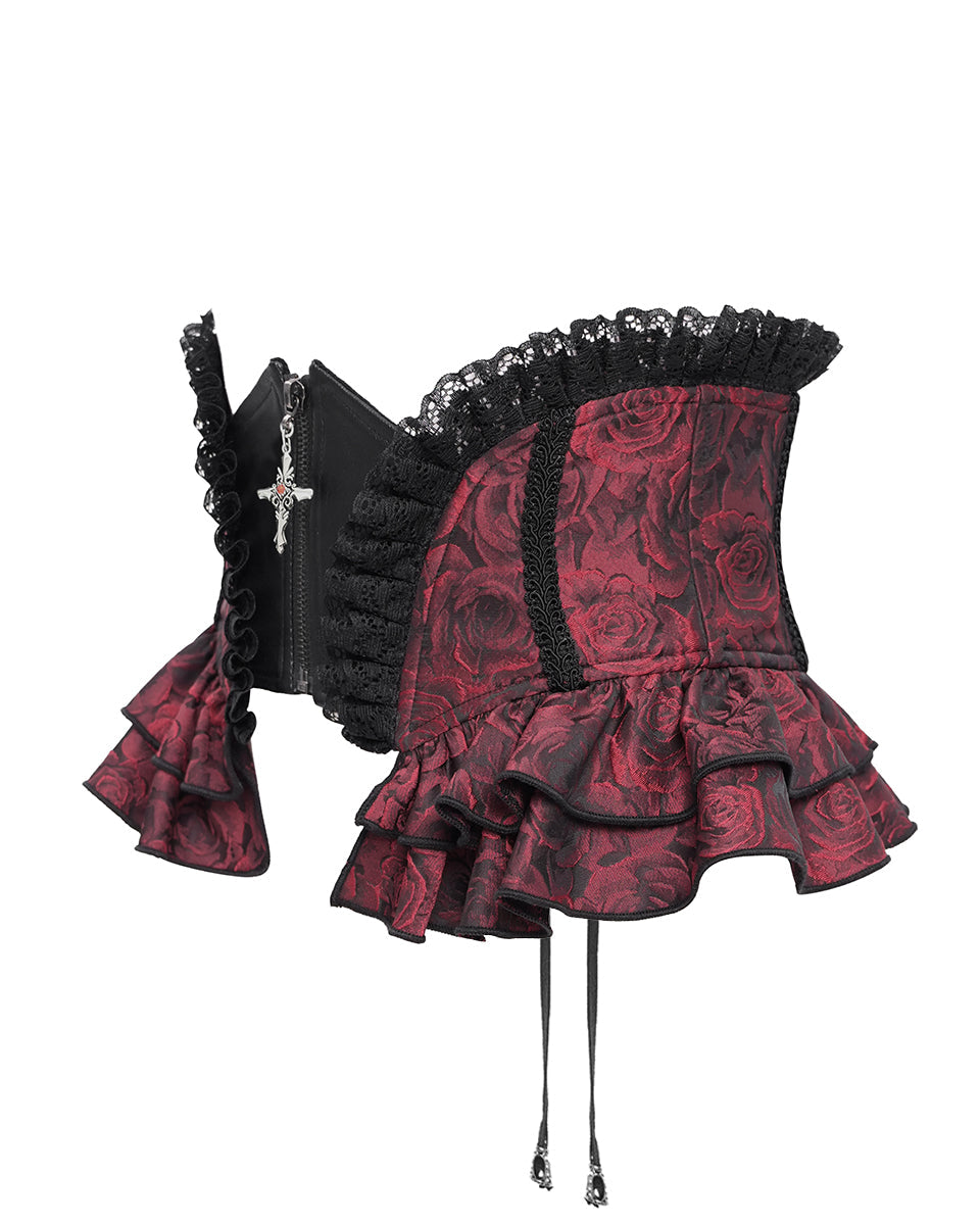 Red Crucifix Rose Frill Corset Belt