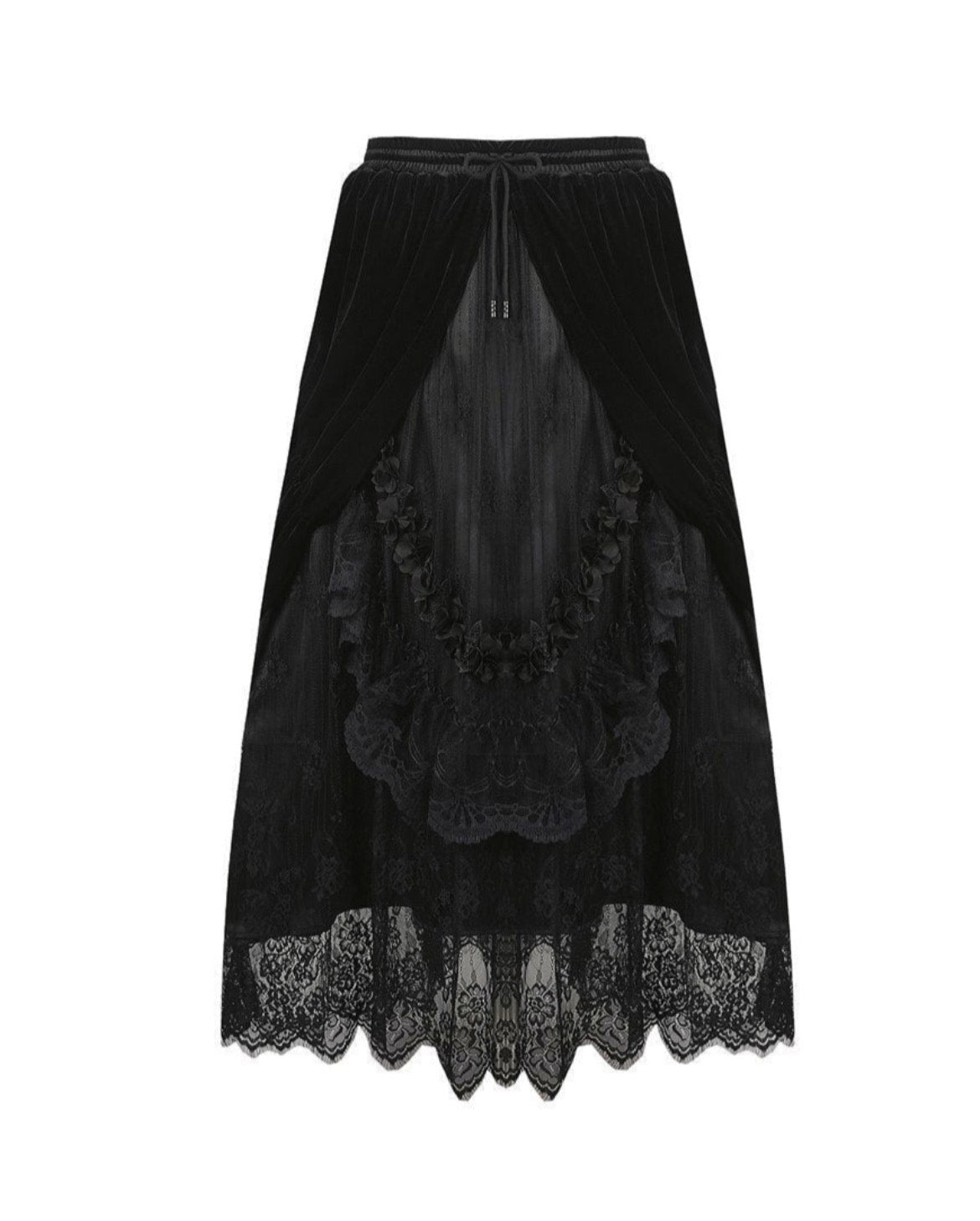 Princess Pleat Lace Velvet Maxi Skirt