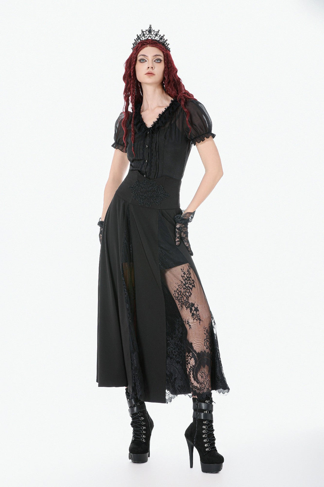 Panel Split Floral Net Maxi Skirt
