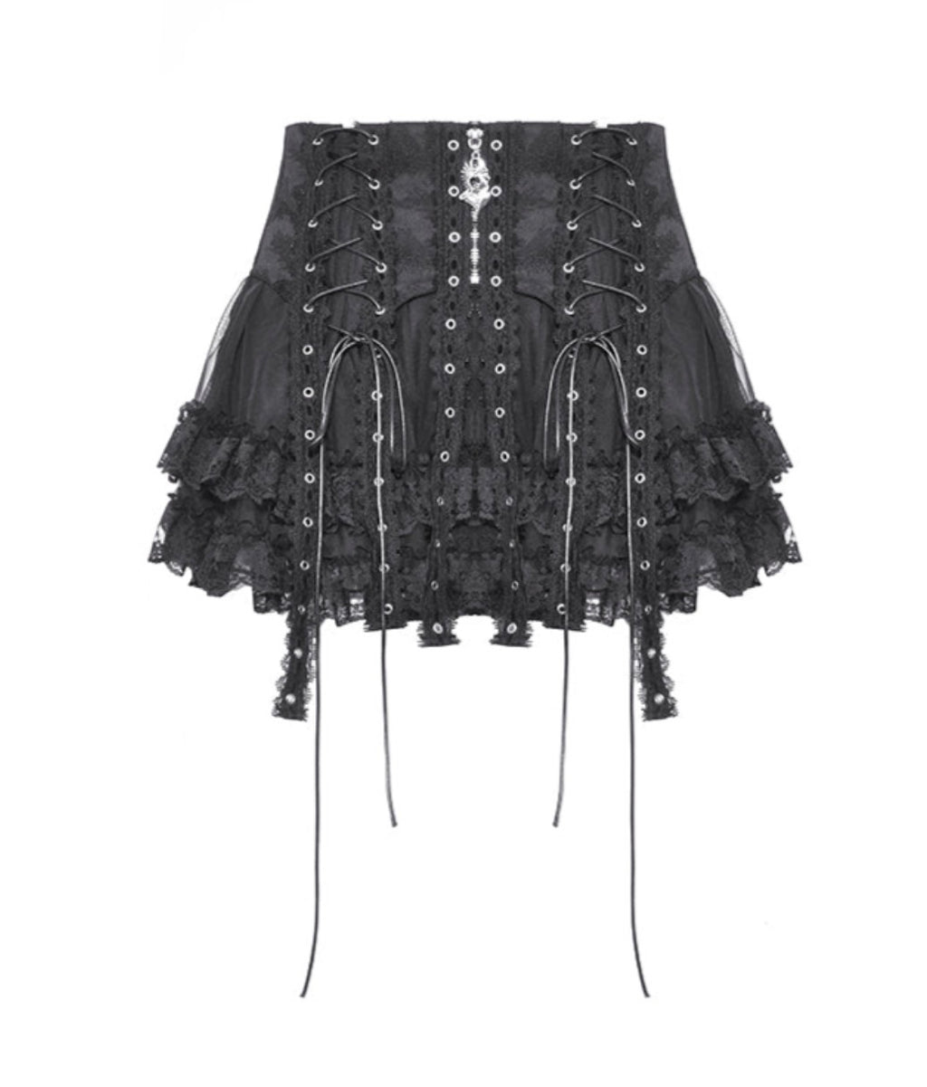 Punk Eyelet Lace Up Ruffle Mini Skirt
