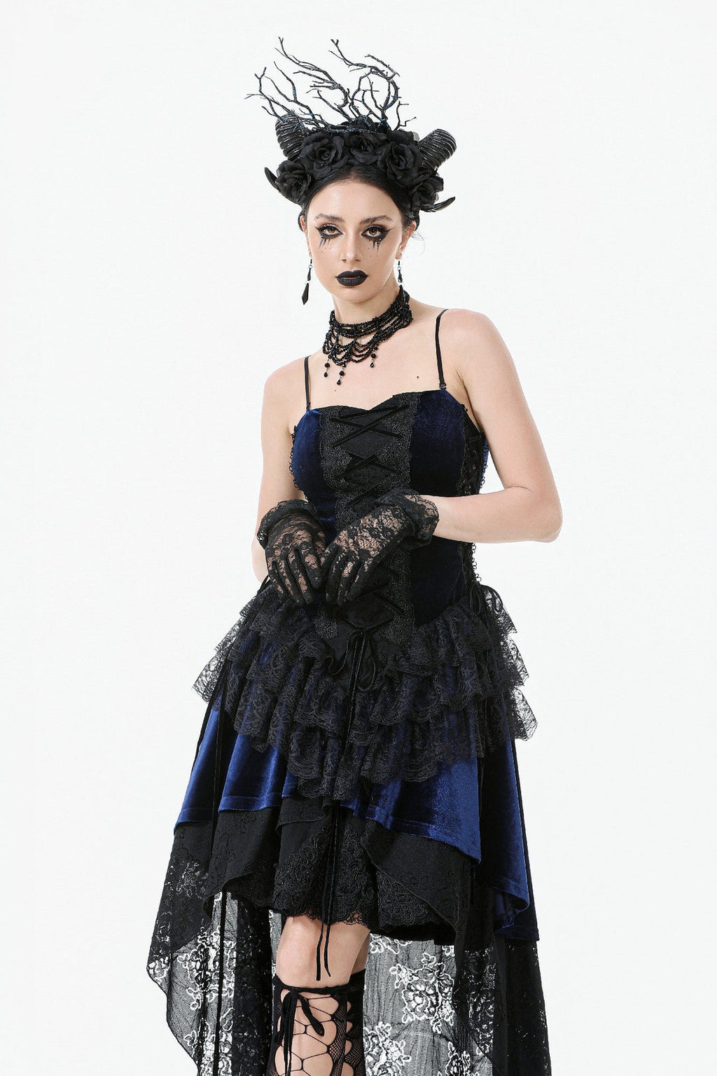Royal Indigo Velvet Lace Hi-Lo Dress